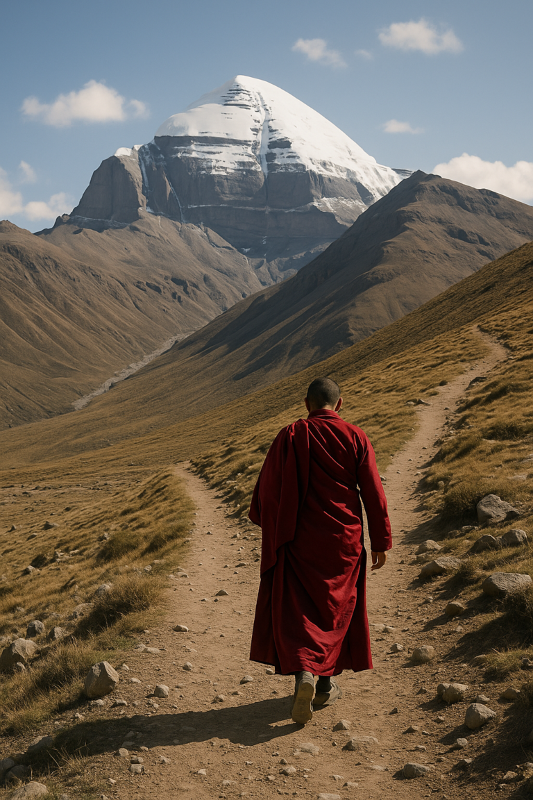 a monk walking on a mountain path in Tibet